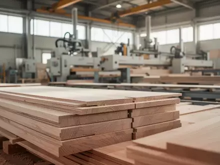 Moderne industrielle Holzverarbeitungsanlage mit gestapelten Holzplatten in einer Fabrikhalle bei natürlichem Licht. - Foto: über boerse-global.de