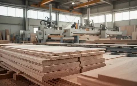 Moderne industrielle Holzverarbeitungsanlage mit gestapelten Holzplatten in einer Fabrikhalle bei natürlichem Licht. - Foto: über boerse-global.de