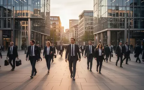 Passanten in Businesskleidung auf einem modernen Platz im Frankfurter Bankenviertel während des goldenen Lichts. - Foto: über boerse-global.de