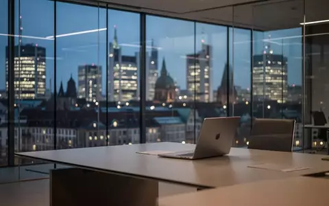 Ein minimalistisches, modernes Büro mit Blick auf die beleuchtete Skyline eines Finanzviertels bei Dämmerung. - Foto: über boerse-global.de
