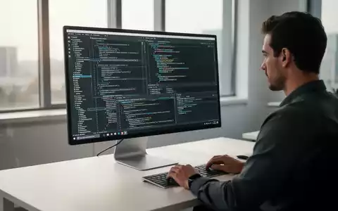 Ein Softwareentwickler arbeitet an einem modernen Computerbildschirm mit komplexen Code-Strukturen in einer professionellen Büroumgebung. - Foto: über boerse-global.de