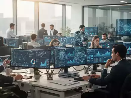 Ein modernes Büro, in dem ein Team von Datenanalysten an Bildschirmen mit komplexen Datenvisualisierungen zusammenarbeitet. - Foto: über boerse-global.de