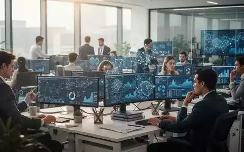 Ein modernes Büro, in dem ein Team von Datenanalysten an Bildschirmen mit komplexen Datenvisualisierungen zusammenarbeitet. - Foto: über boerse-global.de