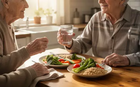 Eine ältere Person sitzt an einem hellen Küchentisch und hält ein Glas Wasser neben einer gesunden Mahlzeit. - Foto: über boerse-global.de