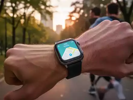 Person beim Joggen im Park mit einer Smartwatch am Handgelenk, die eine Fitness-App zur Routenaufzeichnung anzeigt. - Foto: über boerse-global.de