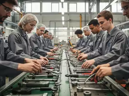 Diverse Belegschaft bei der Arbeit in einer modernen Produktionshalle in Ostdeutschland. - Foto: über boerse-global.de