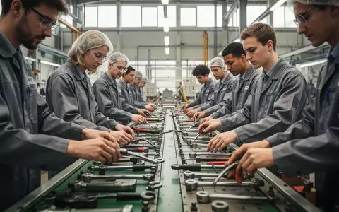 Diverse Belegschaft bei der Arbeit in einer modernen Produktionshalle in Ostdeutschland. - Foto: über boerse-global.de