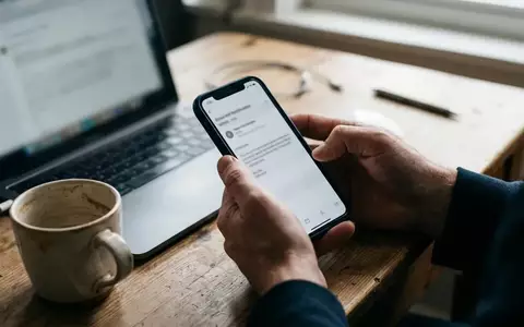 Nahaufnahme einer Person, die ein Smartphone mit einer verdächtigen E-Mail-Benachrichtigung in einem Home-Office hält. - Foto: über boerse-global.de