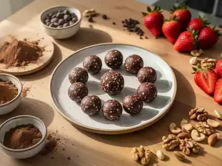 Selbstgemachte gesunde Schokoladenbällchen auf einem Keramikteller neben frischen Zutaten wie Erdbeeren und Nüssen. - Foto: über boerse-global.de