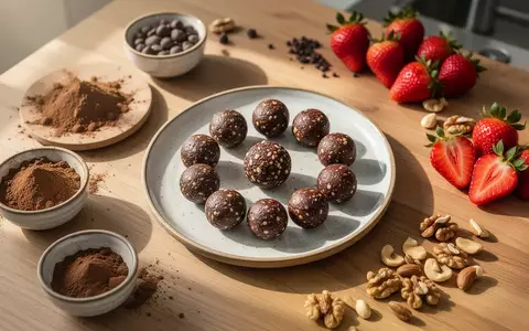 Selbstgemachte gesunde Schokoladenbällchen auf einem Keramikteller neben frischen Zutaten wie Erdbeeren und Nüssen. - Foto: über boerse-global.de