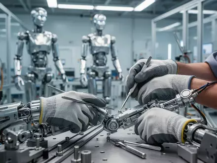 Ein technischer Mitarbeiter montiert in einer modernen Fabrikhalle die Gelenkkomponenten eines humanoiden Roboters. - Foto: über boerse-global.de
