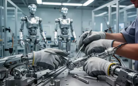 Ein technischer Mitarbeiter montiert in einer modernen Fabrikhalle die Gelenkkomponenten eines humanoiden Roboters. - Foto: über boerse-global.de
