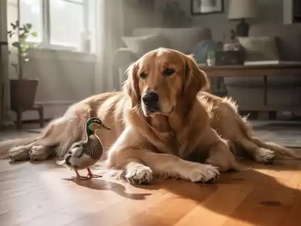 Ein Golden Retriever liegt entspannt auf einem Holzboden neben einer kleinen Ente in einem sonnendurchfluteten Wohnraum. - Foto: über boerse-global.de