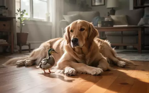 Ein Golden Retriever liegt entspannt auf einem Holzboden neben einer kleinen Ente in einem sonnendurchfluteten Wohnraum. - Foto: über boerse-global.de