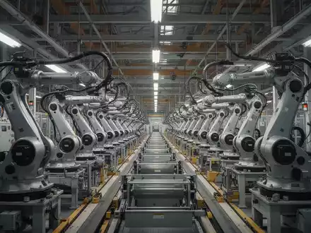 Industrielle Fertigungsstraße in einem großen Automobilwerk mit zahlreichen Roboterarmen und komplexer Maschinenanlage. - Foto: über boerse-global.de