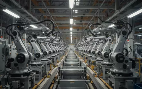 Industrielle Fertigungsstraße in einem großen Automobilwerk mit zahlreichen Roboterarmen und komplexer Maschinenanlage. - Foto: über boerse-global.de