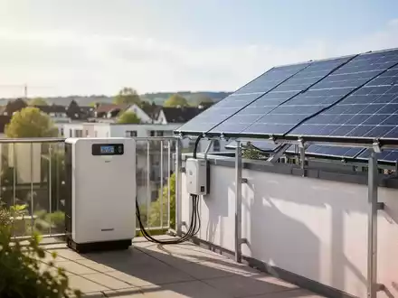 Ein modernes Balkonkraftwerk mit Solarspeichersystem auf einem sonnigen Apartmentbalkon. - Foto: über boerse-global.de