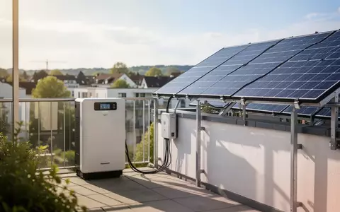 Ein modernes Balkonkraftwerk mit Solarspeichersystem auf einem sonnigen Apartmentbalkon. - Foto: über boerse-global.de