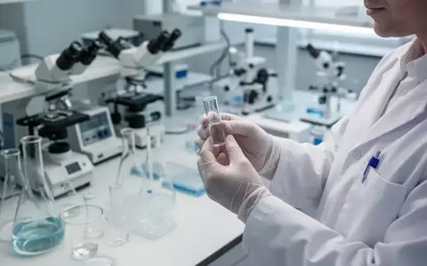 Ein Wissenschaftler in einem modernen medizinischen Labor hält ein Glasfläschchen mit einer Testlösung in der Hand. - Foto: über boerse-global.de