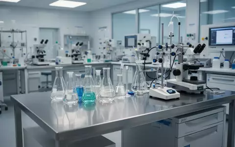 Ein steriler, moderner Arbeitsplatz in einer Krankenhausapotheke mit medizinischen Laborgeräten auf einem Edelstahltisch. - Foto: über boerse-global.de