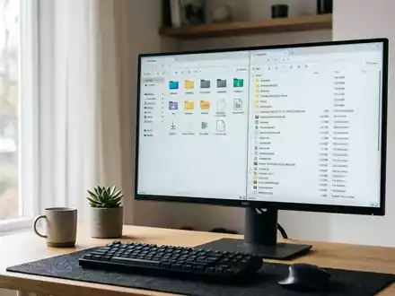 Ein moderner Arbeitsplatz mit einem Computermonitor, der eine Dateiverwaltungssoftware mit zwei Fenstern anzeigt. - Foto: über boerse-global.de