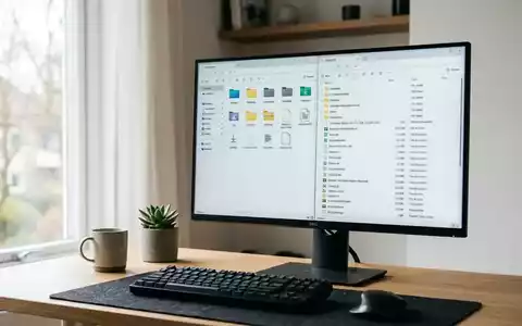 Ein moderner Arbeitsplatz mit einem Computermonitor, der eine Dateiverwaltungssoftware mit zwei Fenstern anzeigt. - Foto: über boerse-global.de
