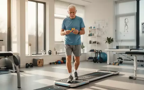 Ein älterer Mann trainiert in einem hellen Physiotherapiestudio gleichzeitig seine körperliche Balance und kognitive Aufgaben. - Foto: über boerse-global.de