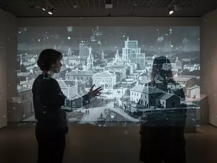 Eine Person betrachtet eine holografische Projektion einer historischen Stadtlandschaft in einem modernen Museum. - Foto: über boerse-global.de