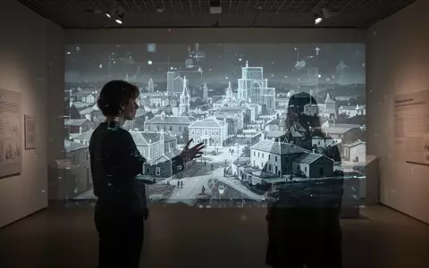 Eine Person betrachtet eine holografische Projektion einer historischen Stadtlandschaft in einem modernen Museum. - Foto: über boerse-global.de
