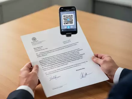 Hände halten einen offiziellen Brief mit einem QR-Code, während ein Smartphone diesen scannt, auf einem Schreibtisch. - Foto: über boerse-global.de