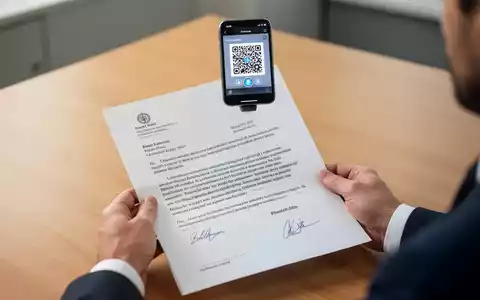 Hände halten einen offiziellen Brief mit einem QR-Code, während ein Smartphone diesen scannt, auf einem Schreibtisch. - Foto: über boerse-global.de