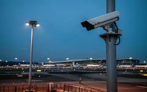 Überwachungskamera auf einem Flughafengelände bei Dämmerung zur Symbolisierung der Sicherheitsinfrastruktur. - Foto: über boerse-global.de