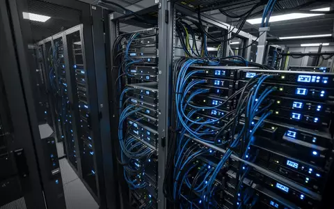 Modernes Rechenzentrum mit Server-Racks und blinkenden blauen LED-Statusleuchten in einer professionellen Industrieumgebung. - Foto: über boerse-global.de
