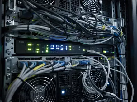 Nahaufnahme von Server-Hardware in einem Rechenzentrum mit leuchtenden Status-LEDs und Netzwerkkabeln. - Foto: über boerse-global.de