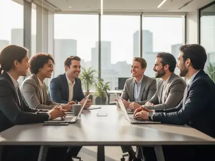 Ein diverses Team führt in einem hellen, modernen Büro ein natürliches und kooperatives Gespräch an einem Konferenztisch. - Foto: über boerse-global.de