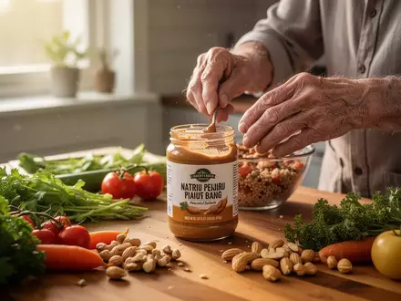 Ältere Person bereitet in einer hellen Küche eine Mahlzeit mit Erdnussbutter zu, um die Muskulatur im Alter zu unterstützen. - Foto: über boerse-global.de