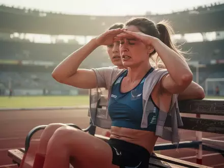 Eine erschöpfte Hochspringerin sitzt an einem heißen Sommertag auf einer Bank im Stadion und hält sich die Hand an den Kopf. - Foto: über boerse-global.de