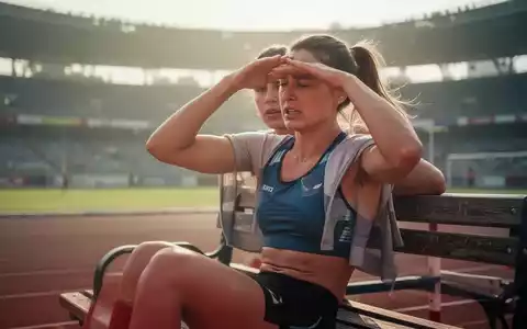 Eine erschöpfte Hochspringerin sitzt an einem heißen Sommertag auf einer Bank im Stadion und hält sich die Hand an den Kopf. - Foto: über boerse-global.de