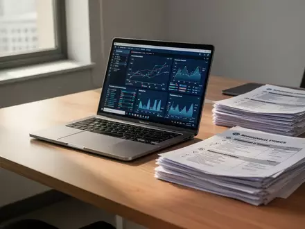 Ein leerer Büroarbeitsplatz mit Laptop und Aktenstapeln, der die betriebliche Erfassung von Personaldaten symbolisiert. - Foto: über boerse-global.de