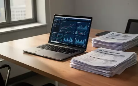Ein leerer Büroarbeitsplatz mit Laptop und Aktenstapeln, der die betriebliche Erfassung von Personaldaten symbolisiert. - Foto: über boerse-global.de
