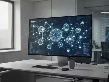 Ein moderner, minimalistischer Arbeitsplatz mit einer digitalen Visualisierung von Blockchain-Netzwerkstrukturen. - Foto: über boerse-global.de