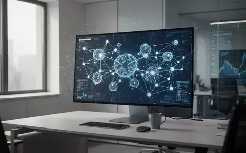 Ein moderner, minimalistischer Arbeitsplatz mit einer digitalen Visualisierung von Blockchain-Netzwerkstrukturen. - Foto: über boerse-global.de