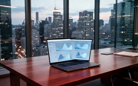 Ein moderner, minimalistischer Büroraum mit einem Laptop, auf dem abstrakte Finanzdaten vor einer Skyline bei Dämmerung zu sehen sind. - Foto: über boerse-global.de