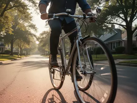 Eine Person fährt mit dem Fahrrad auf einer von Bäumen gesäumten Straße zur Arbeit an einem sonnigen Morgen. - Foto: über boerse-global.de