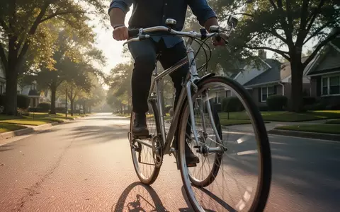 Eine Person fährt mit dem Fahrrad auf einer von Bäumen gesäumten Straße zur Arbeit an einem sonnigen Morgen. - Foto: über boerse-global.de