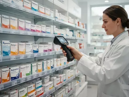 Eine Apothekerin nutzt ein mobiles Barcode-Lesegerät zur digitalen Bestandsaufnahme in einer modernen Apotheke. - Foto: über boerse-global.de