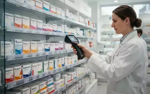 Eine Apothekerin nutzt ein mobiles Barcode-Lesegerät zur digitalen Bestandsaufnahme in einer modernen Apotheke. - Foto: über boerse-global.de