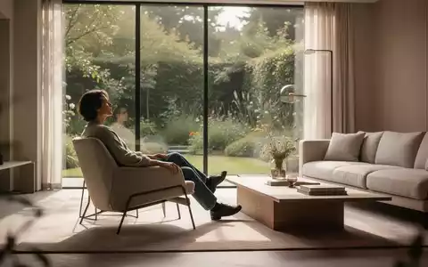 Eine entspannte Person in einem hellen, minimalistischen Wohnzimmer, die durch ein großes Fenster in einen Garten blickt. - Foto: über boerse-global.de