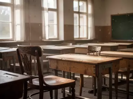 Ein leerer, sonnendurchfluteter Klassenraum mit leeren Schreibtischen, der eine Atmosphäre der Abwesenheit vermittelt. - Foto: über boerse-global.de