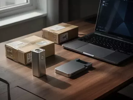 Ein Krypto-Hardware-Wallet und ein Versandkarton auf einem Schreibtisch in einem modern eingerichteten Büro. - Foto: über boerse-global.de